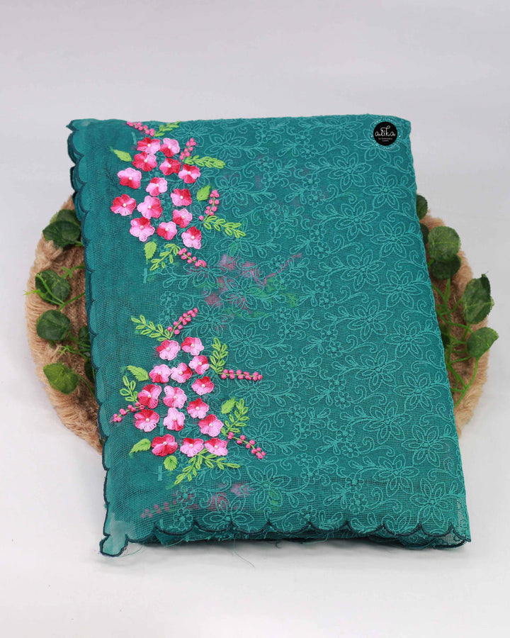 Teal Green Phulkari Saree with Floral Hand Embroidery &amp; Bead Work