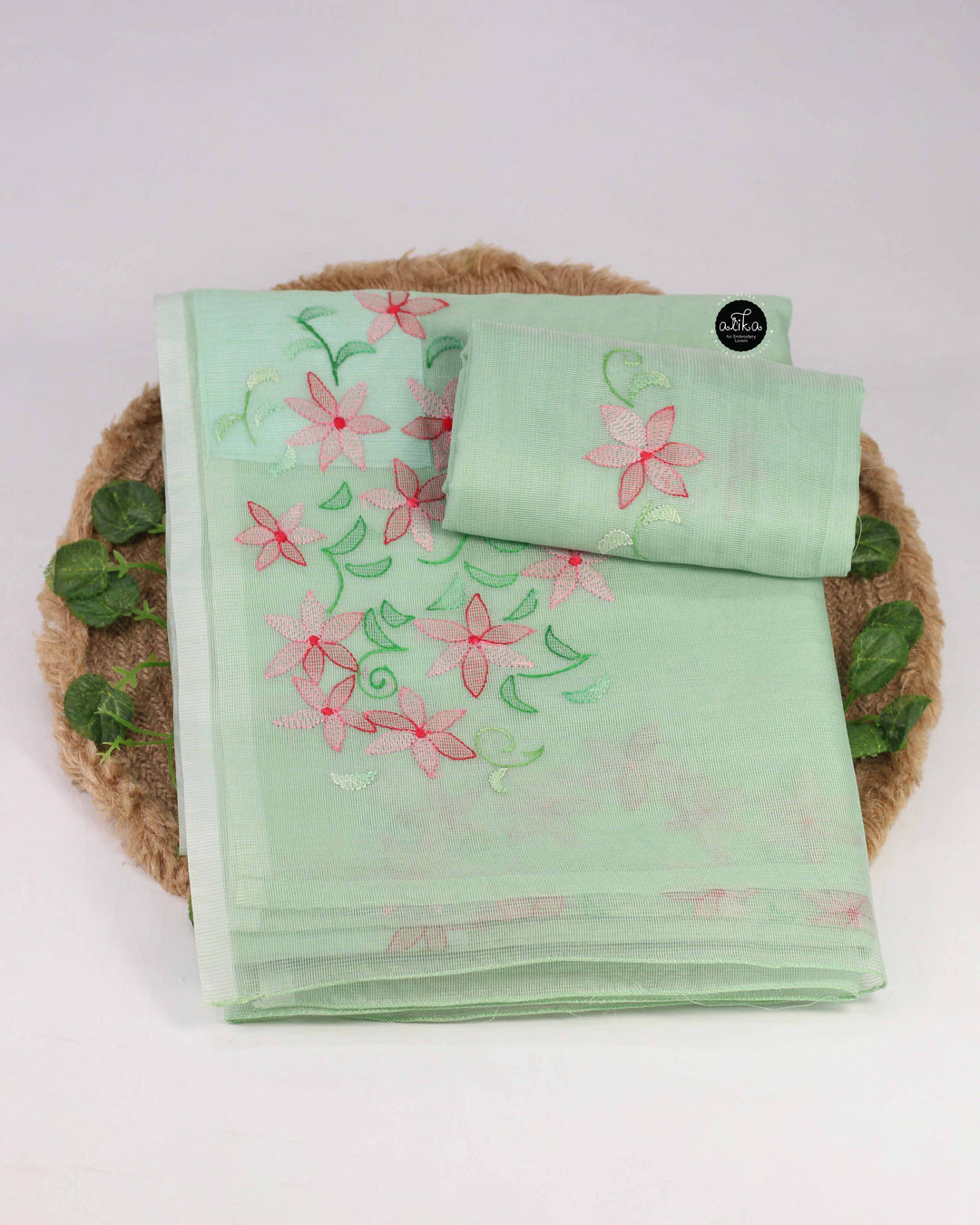Light Green Kota Saree with Floral Shadow Work