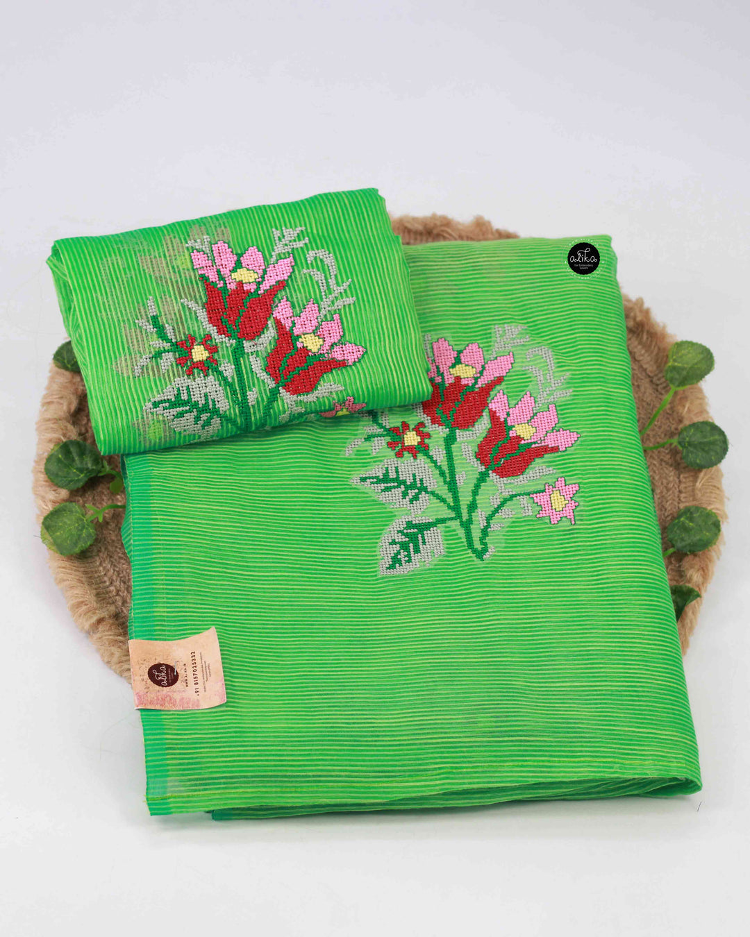 Light Green Kota Saree with Floral Cross Stitch Embroidery