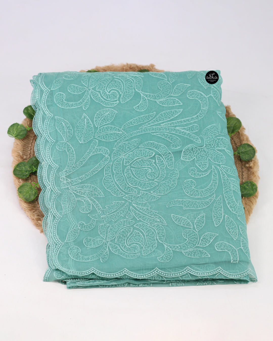 Light Aqua Green Crushed Silk Saree with Floral Machine Embroidery