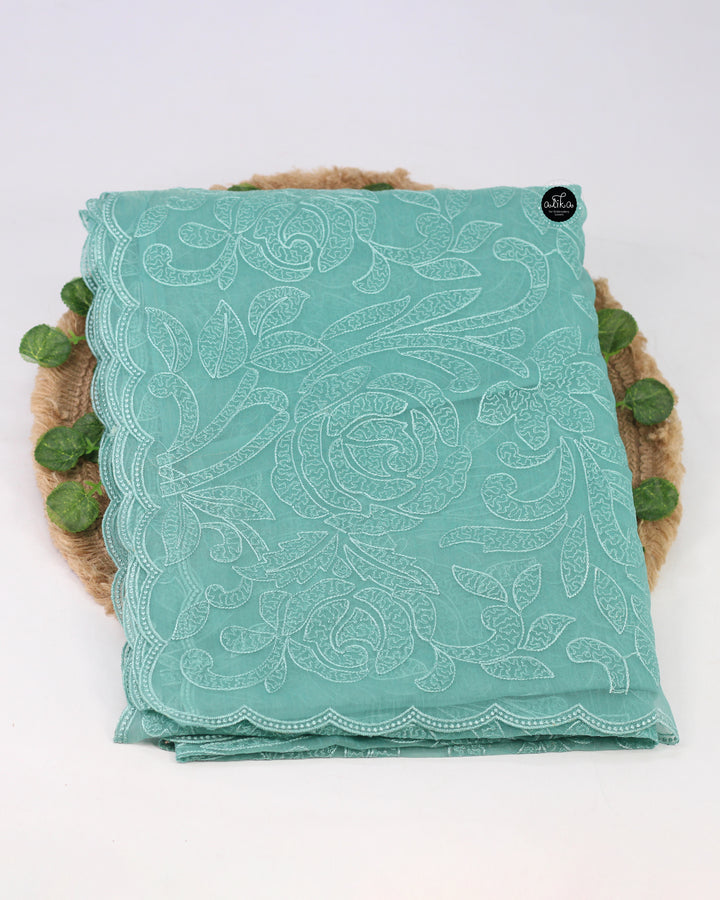 Light Aqua Green Crushed Silk Saree with Floral Machine Embroidery