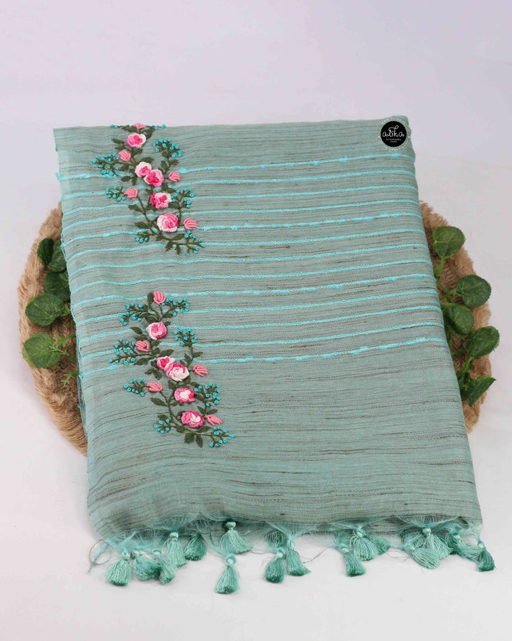 Sea Blue Semi Linen Saree with Floral Hand Embroidery