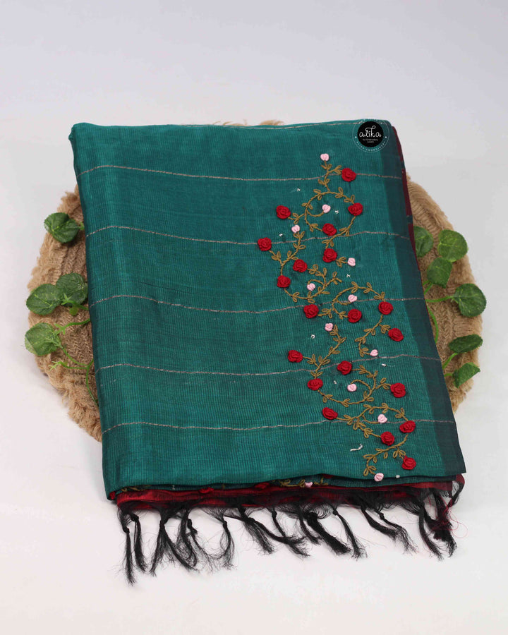 Dark Green &amp; Red Pure MangalGiri Silk Saree with Floral Hand Embroidery &amp; Bead Work