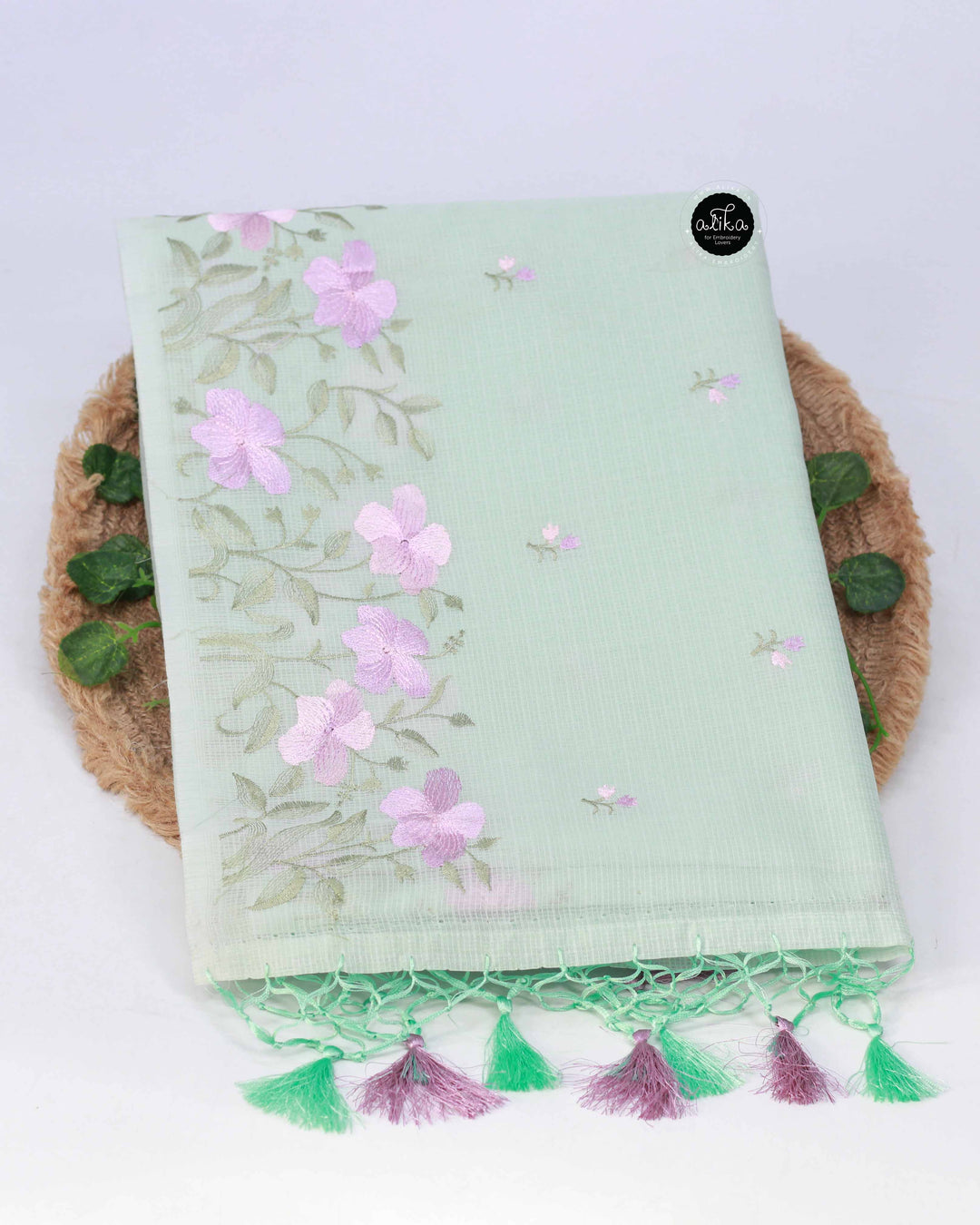Mint Green Silky Kota Saree with Floral Machine Embroidery