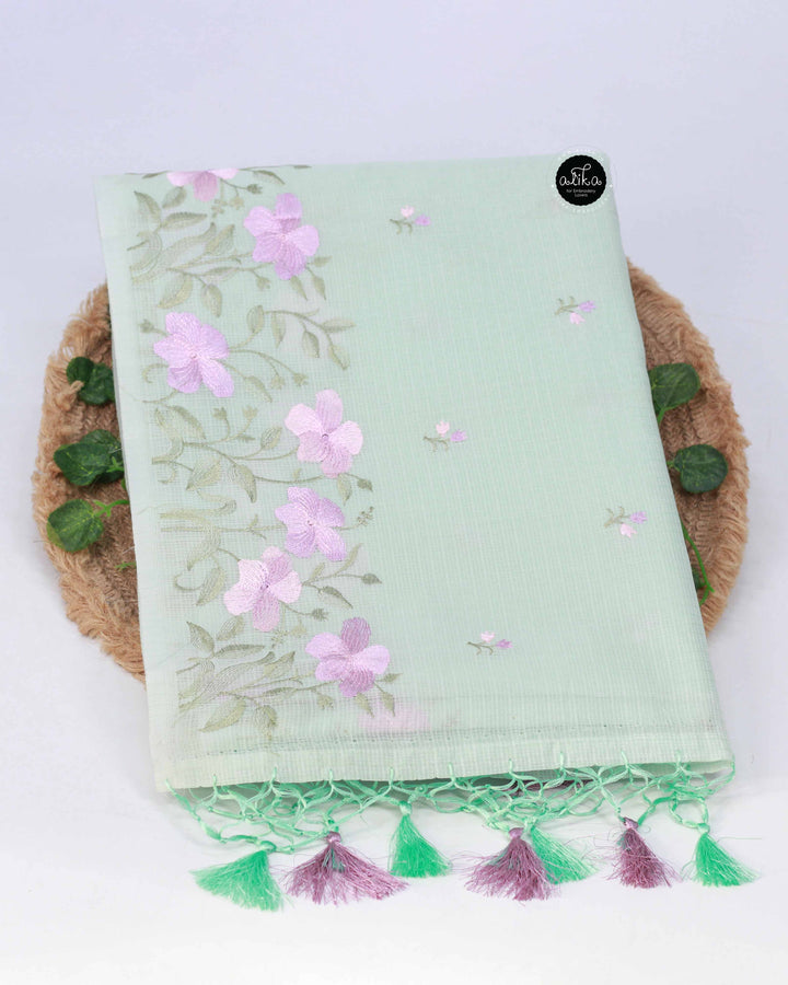 Mint Green Silky Kota Saree with Floral Machine Embroidery