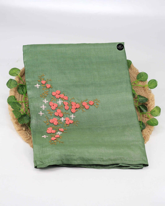 Olive Green Pure Tussar Silk Saree with Floral Hand Embroidery – Premium Ethnic Wear