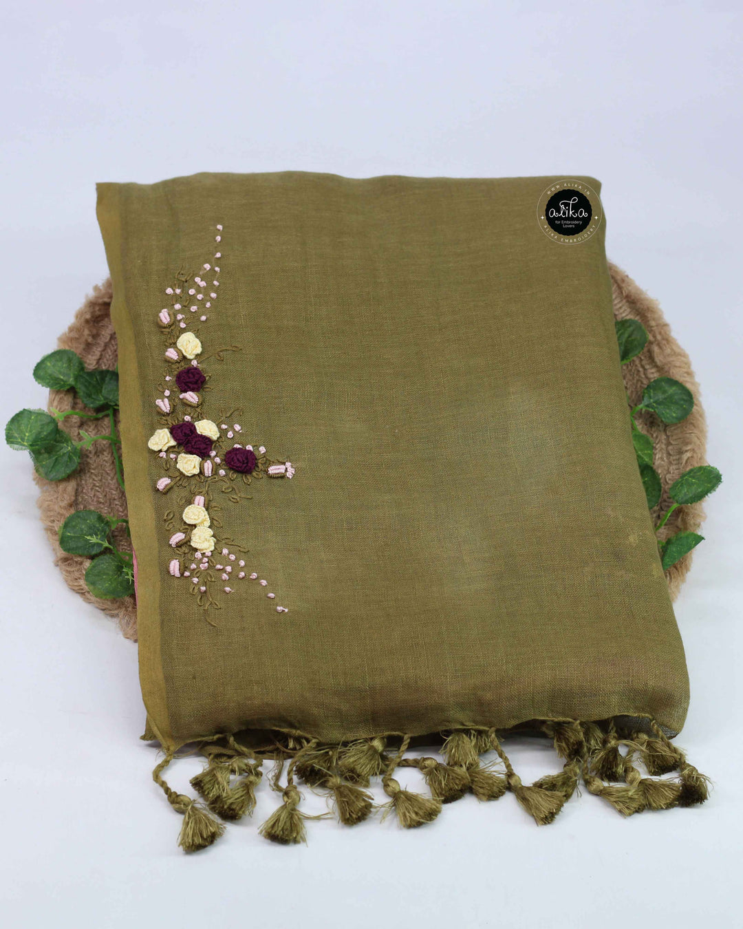Dusty Rose &amp; Olive Green Double-Shaded Pure Linen Saree with Floral Hand Embroidery
