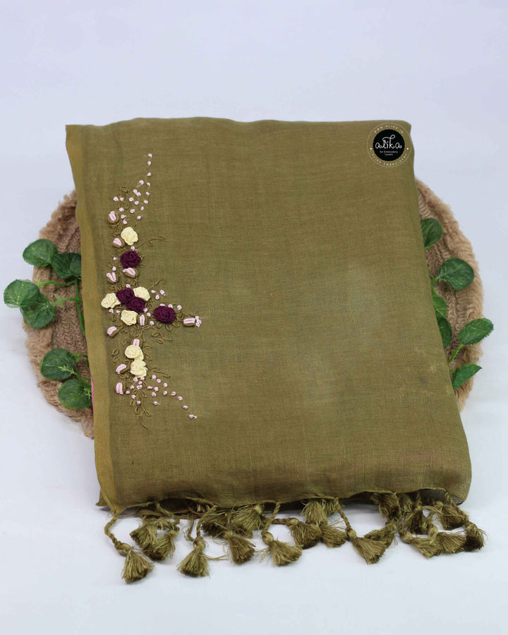 Dusty Rose &amp; Olive Green Double-Shaded Pure Linen Saree with Floral Hand Embroidery