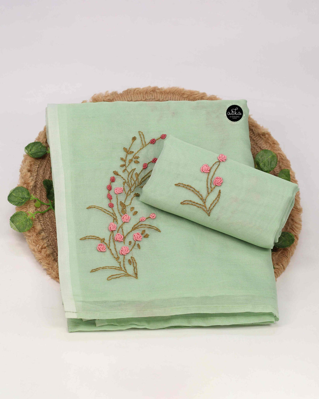 Pista Green Kota Saree with Floral Hand Embroidery
