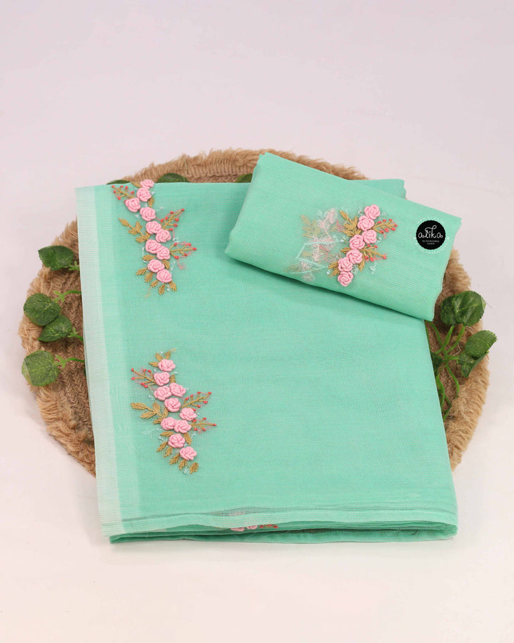 Light Aqua Green Kota Saree with Floral Hand Embroidery