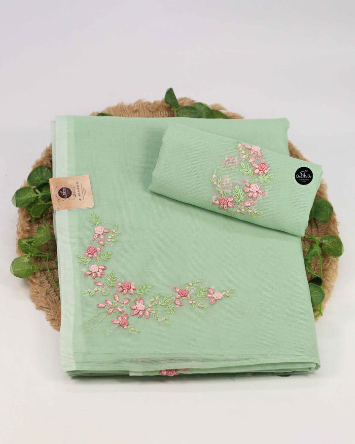 Pistachio Green Kota Saree with Floral Hand Embroidery