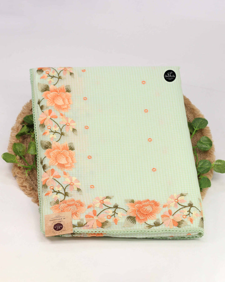 Mint Green Kota Saree with Floral Machine Embroidery Border