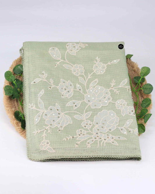Mint Green Silky Kota Saree with Floral Machine Embroidery & Sequin Work