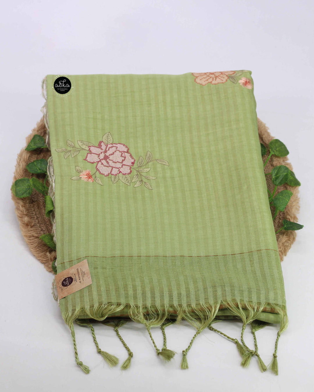 Pistachio Green Designer Silk Saree with Floral Applique Border &amp; Cross Stitch Pallu