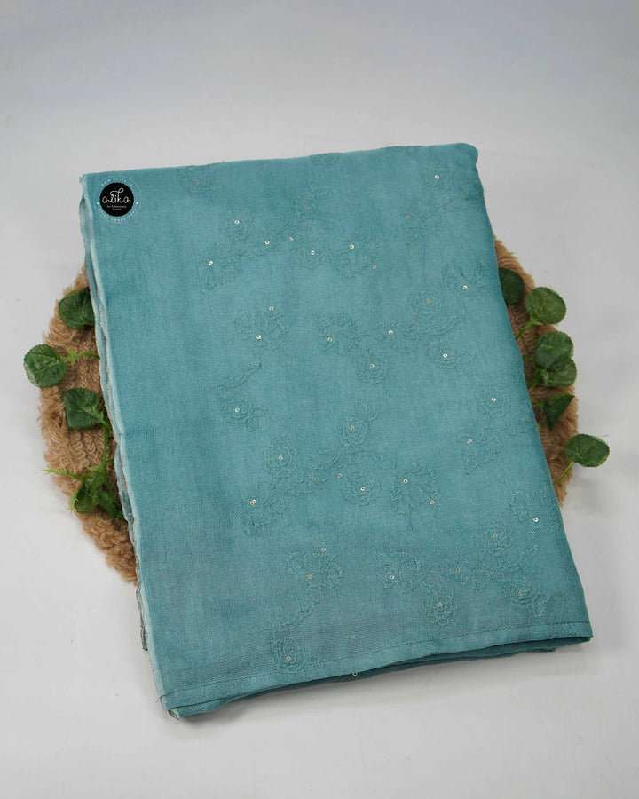 Ocean Green Crispy Georgette Saree with Floral Machine Embroidery &amp; Sequin Work