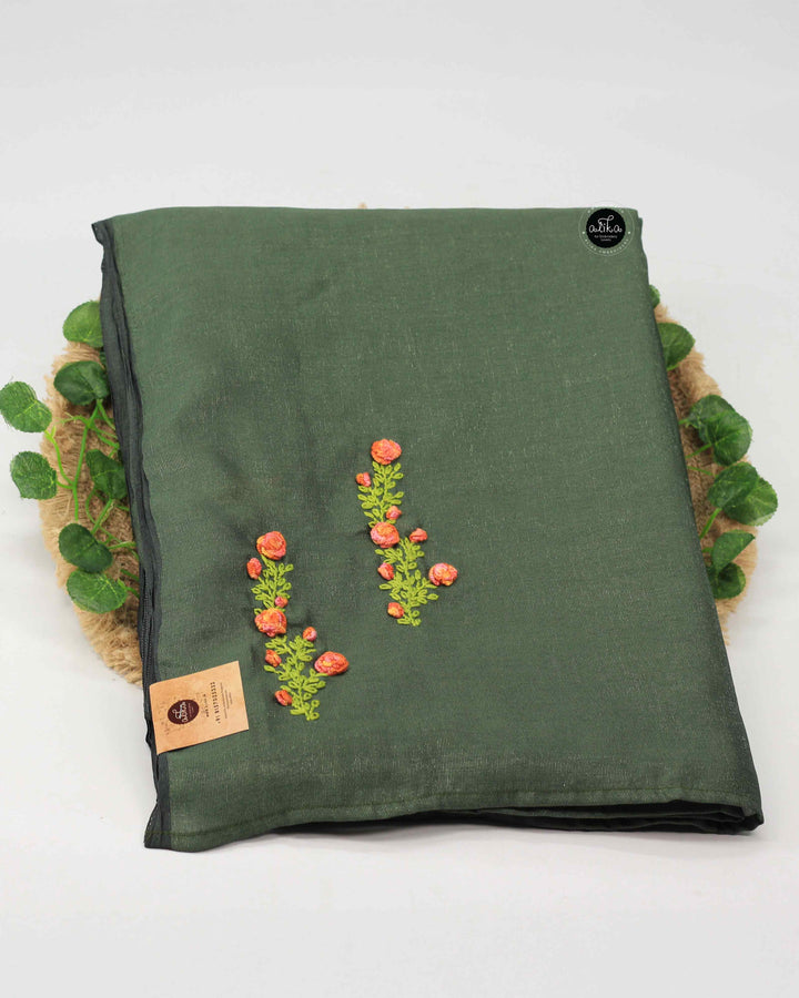 Green Semi Silk Saree with Floral Hand Embroidery