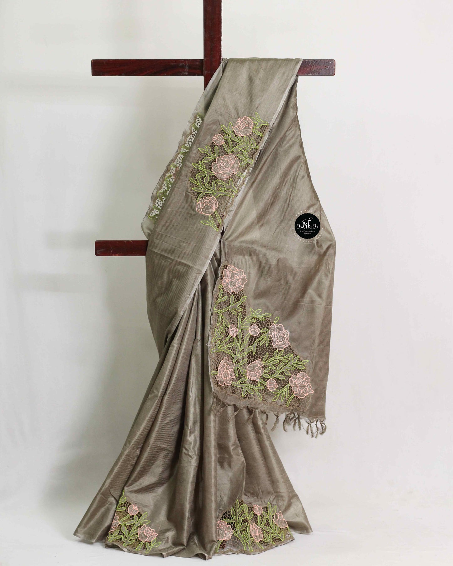 Olive Green Semi Tussar Silk Saree with Floral Twine Cutwork Embroidery