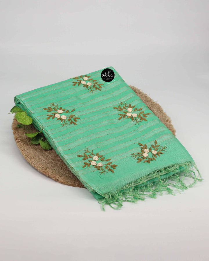 Pale Teal Pure Tussar Silk Saree with Floral Hand Embroidery