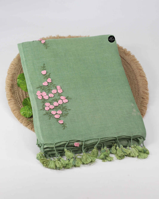 Mint green pure linen saree with floral hand embroidery