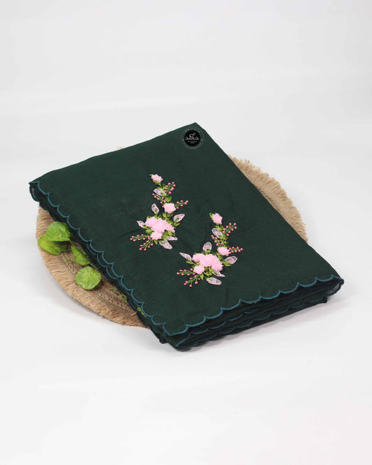 Dark Green Semi Georgette Saree with Floral Ribbon Embroidery – Alika Fashion Store