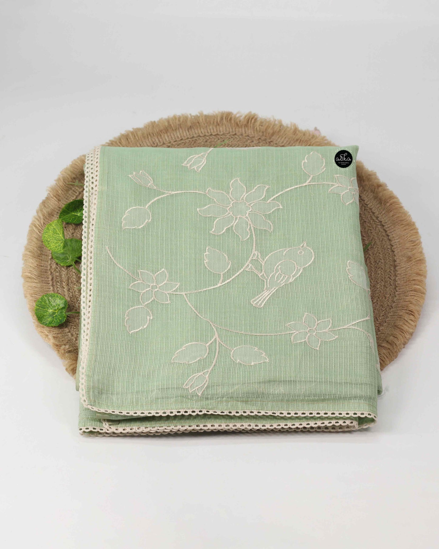 Pastel Green Kota Saree with Floral Applique & Beige Blouse Piece