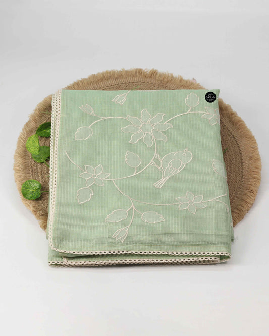 Pastel Green Kota Saree with Floral Applique & Beige Blouse Piece