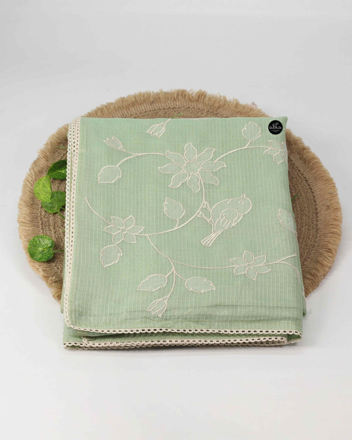 Pastel Green Kota Saree with Floral Applique &amp; Beige Blouse Piece
