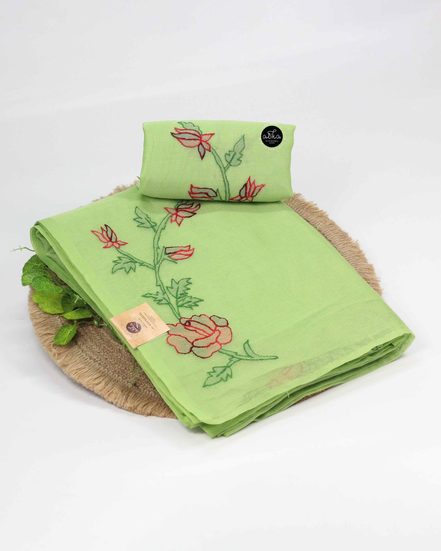 Light Green Kota Saree with Elegant Floral Shadow Work – Lightweight & Breathable | Alika Fashion Store