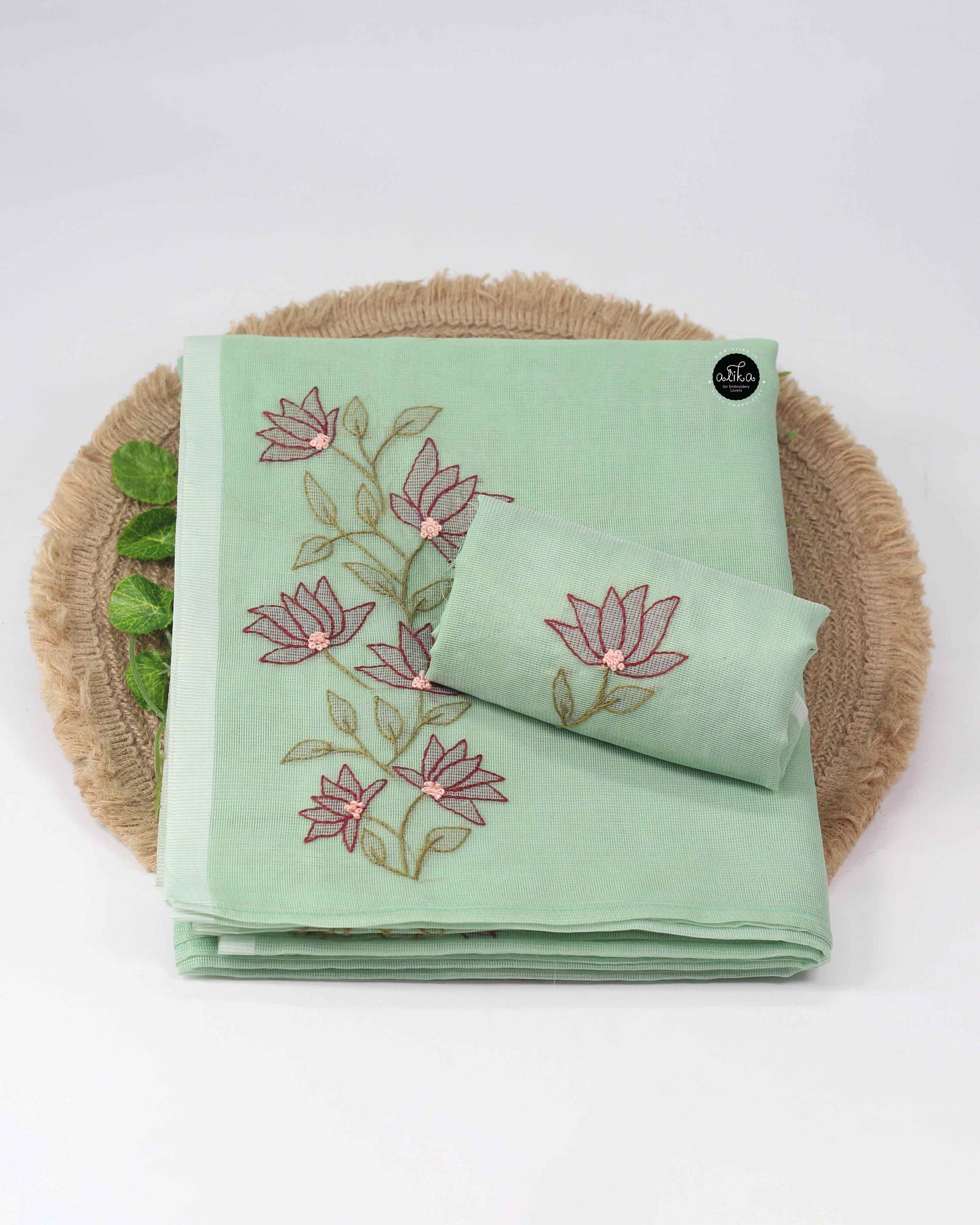Pastel Green Kota Saree with Floral Shadow Work