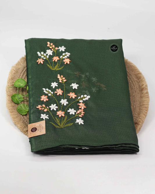 Dark Green Silky Kota Saree with Floral Ribbon Embroidery