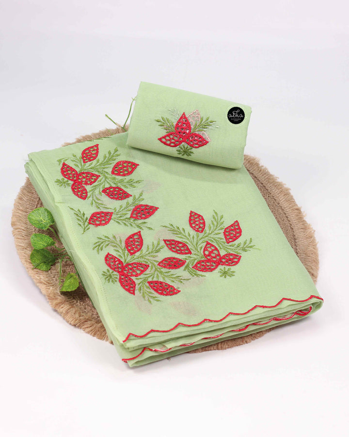Mint Green Kota Saree with Floral Machine Embroidery &amp; Cutwork Detailing