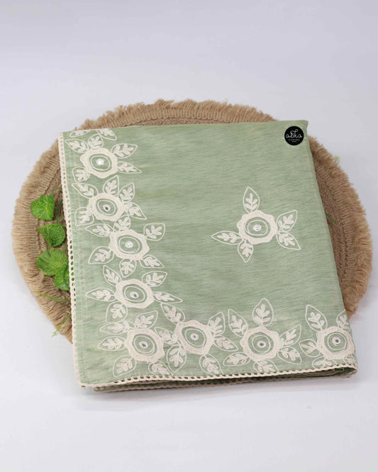 Light Pista Green Chanderi Saree with Floral Border Embroidery