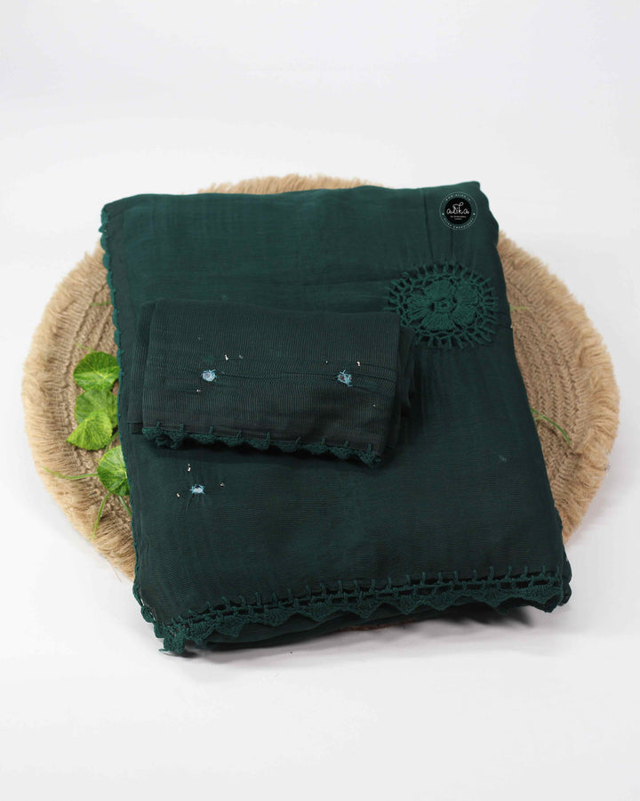 Dark Teal Green Kota Doria Saree with Crochet Detailing and Mirror Work