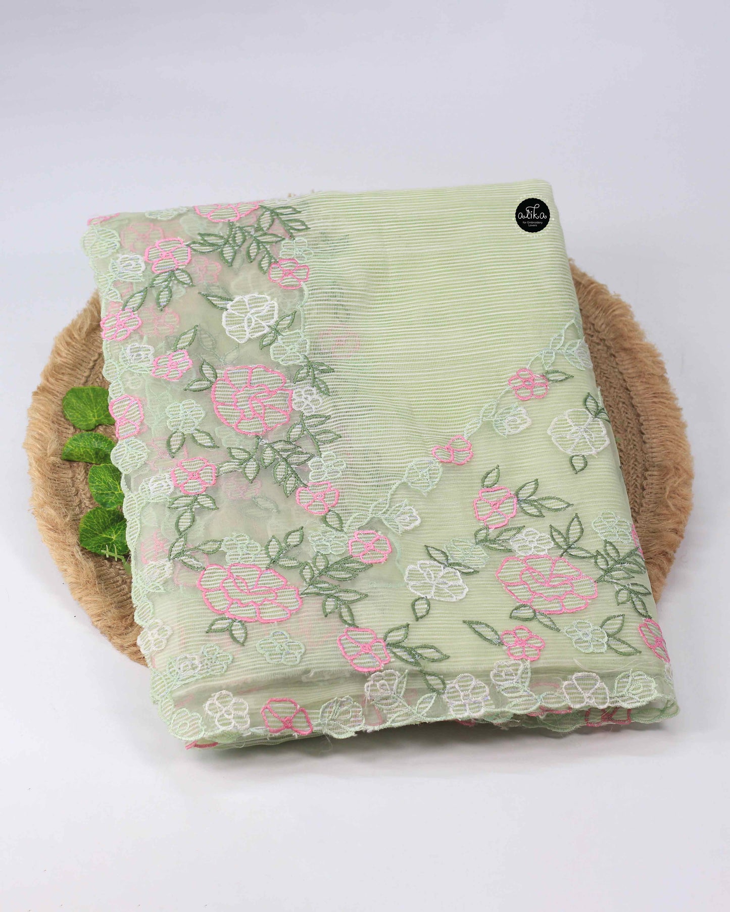 Pastel Green Kota Saree with Organza Applique Embroidery