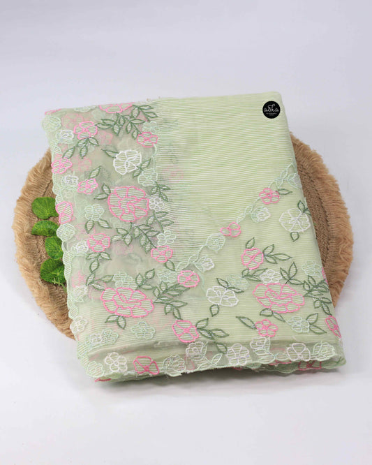 Pastel Green Kota Saree with Organza Applique Embroidery