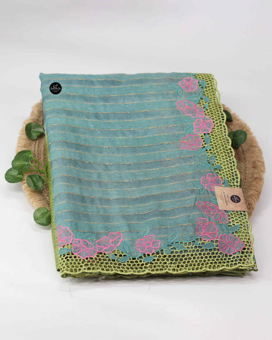 Light Green Double shaded Pure Tussar Silk Saree with Floral Cutwork Border