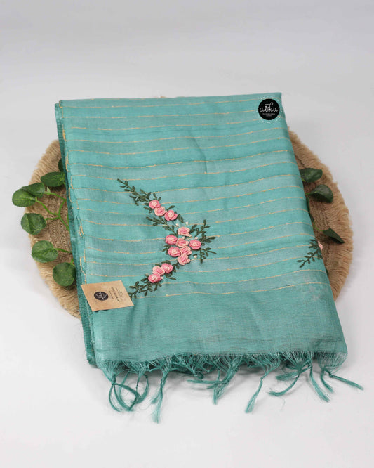Turquoise Blue Pure Tussar Silk Saree with Floral Hand Embroidery