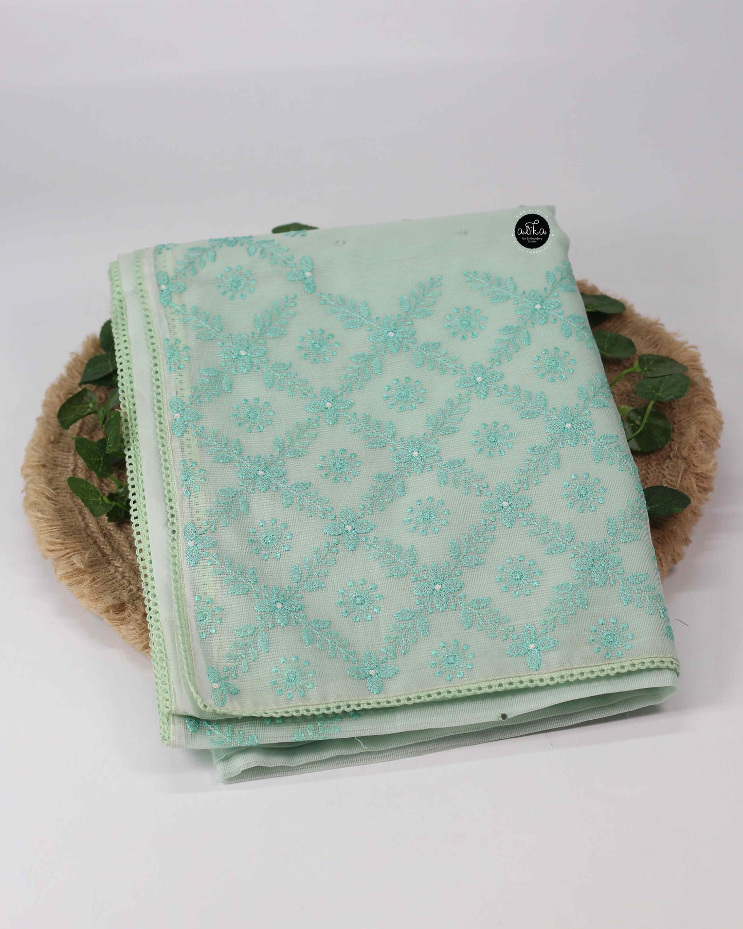 Pista Green Kota Saree with Machine Embroidery