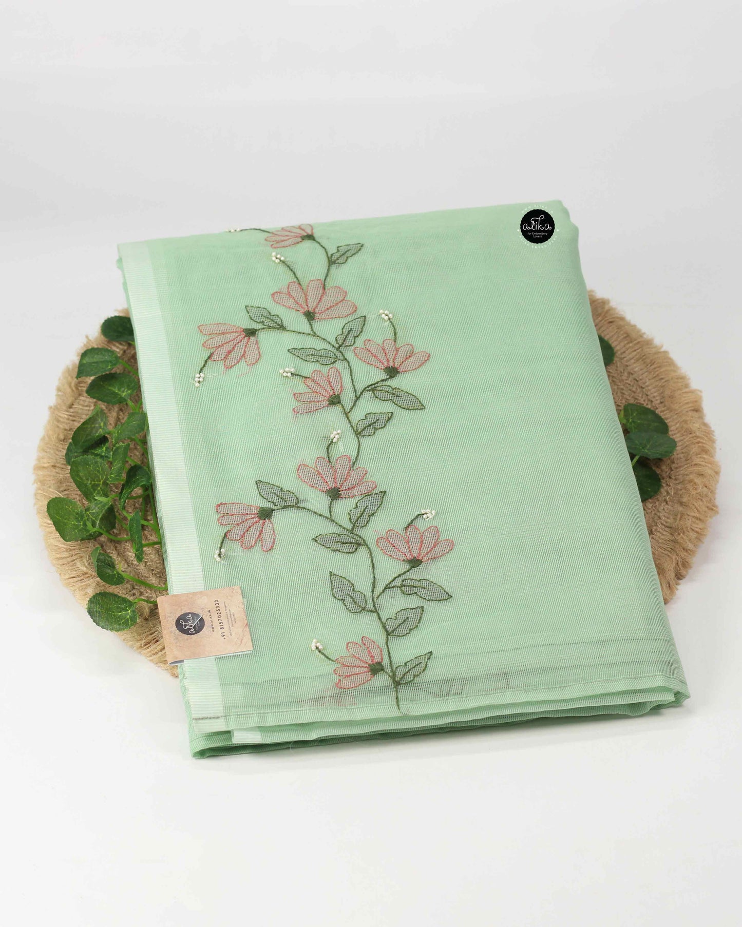 Pista Green Kota Saree with Brown Floral Shadow and Bead Work