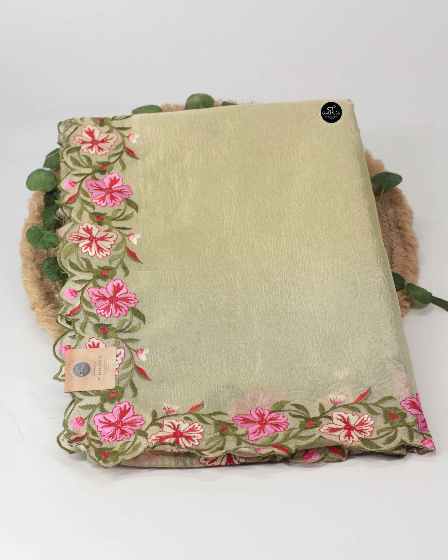 Pista Green Organza Saree with Floral Embroidery Border