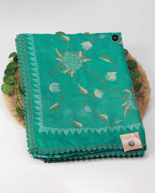 Aqua Green Printed Silky kota Saree with Floral Cross Stitch Embroidery on pallu