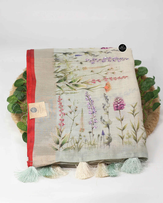 Linen Tissue Saree with Floral Print and Hand Embroidery
