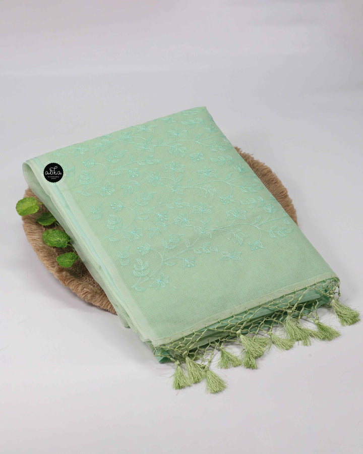 Pastel Green Check Kota Saree with Floral Machine Embroidery
