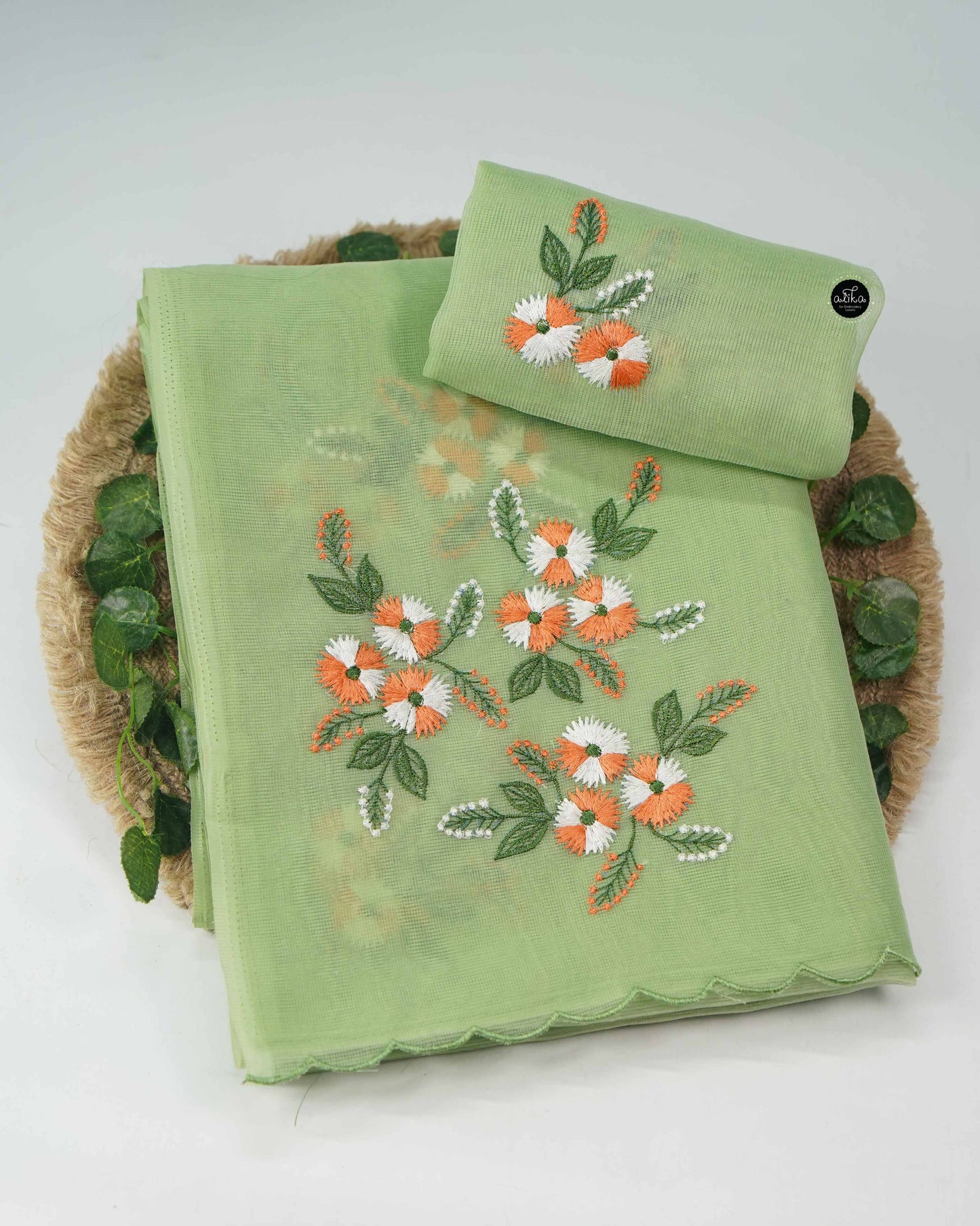 Light Green Kota Saree with Floral Machine Embroidery