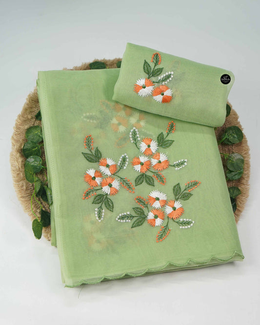 Light Green Kota Saree with Floral Machine Embroidery