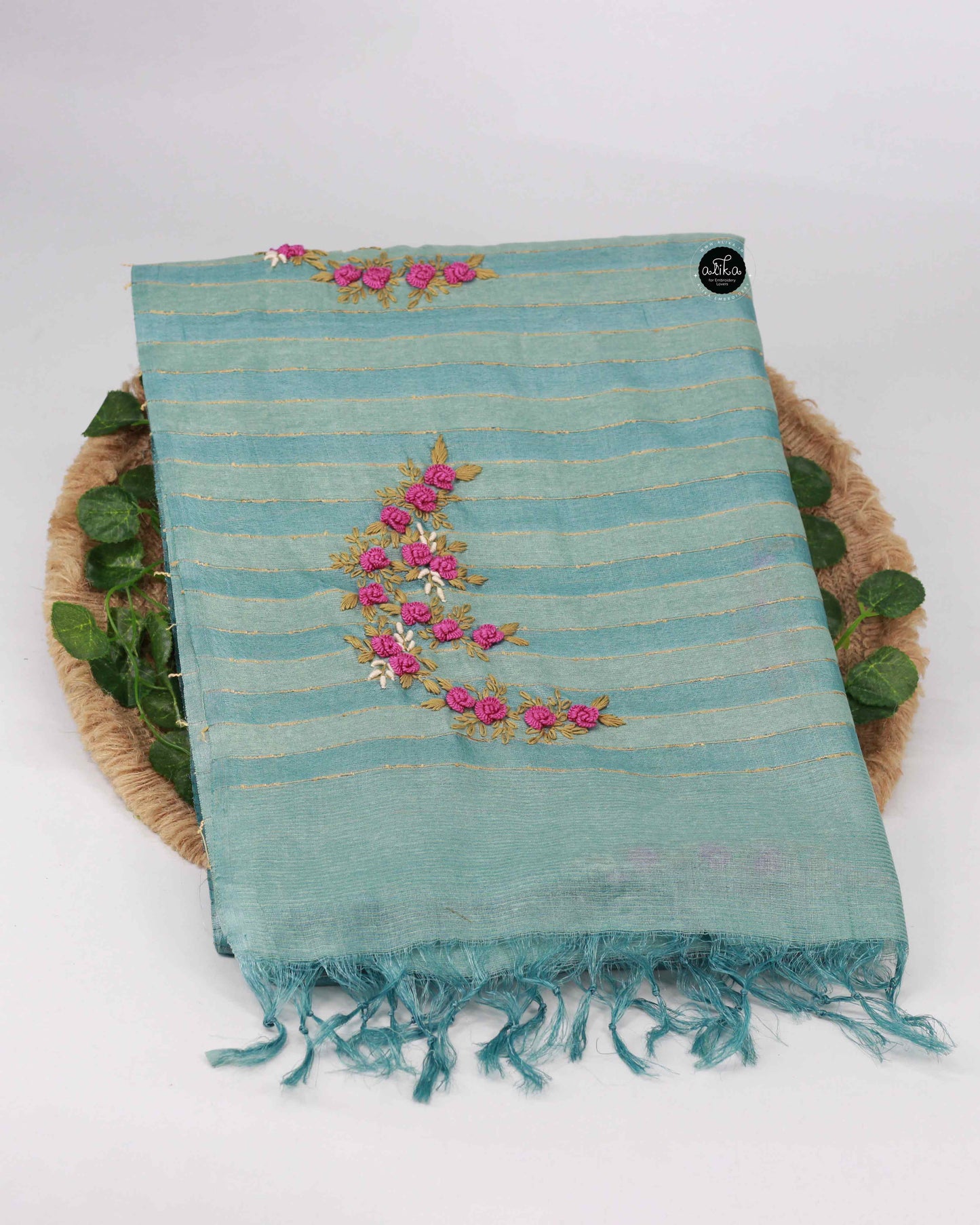 Light Teal Green Pure Tussar Silk Saree with Floral Hand Embroidery