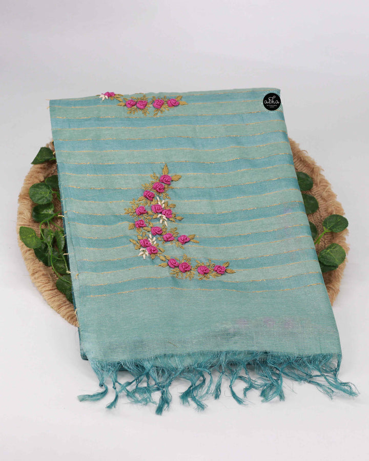 Light Teal Green Pure Tussar Silk Saree with Floral Hand Embroidery