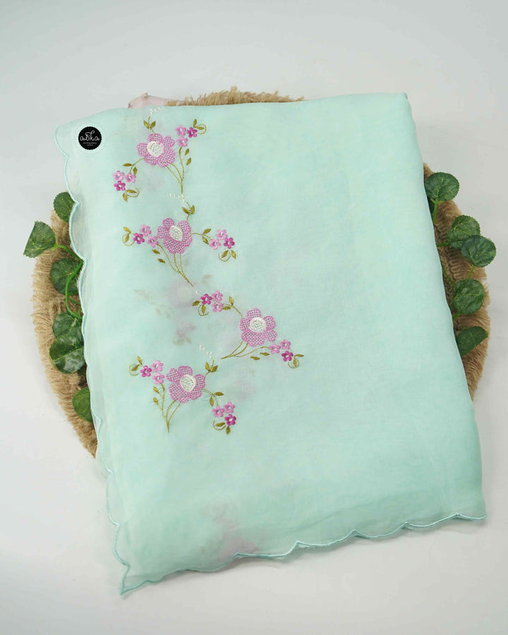 Light Aqua Green Organza Saree with Floral Machine Embroidery