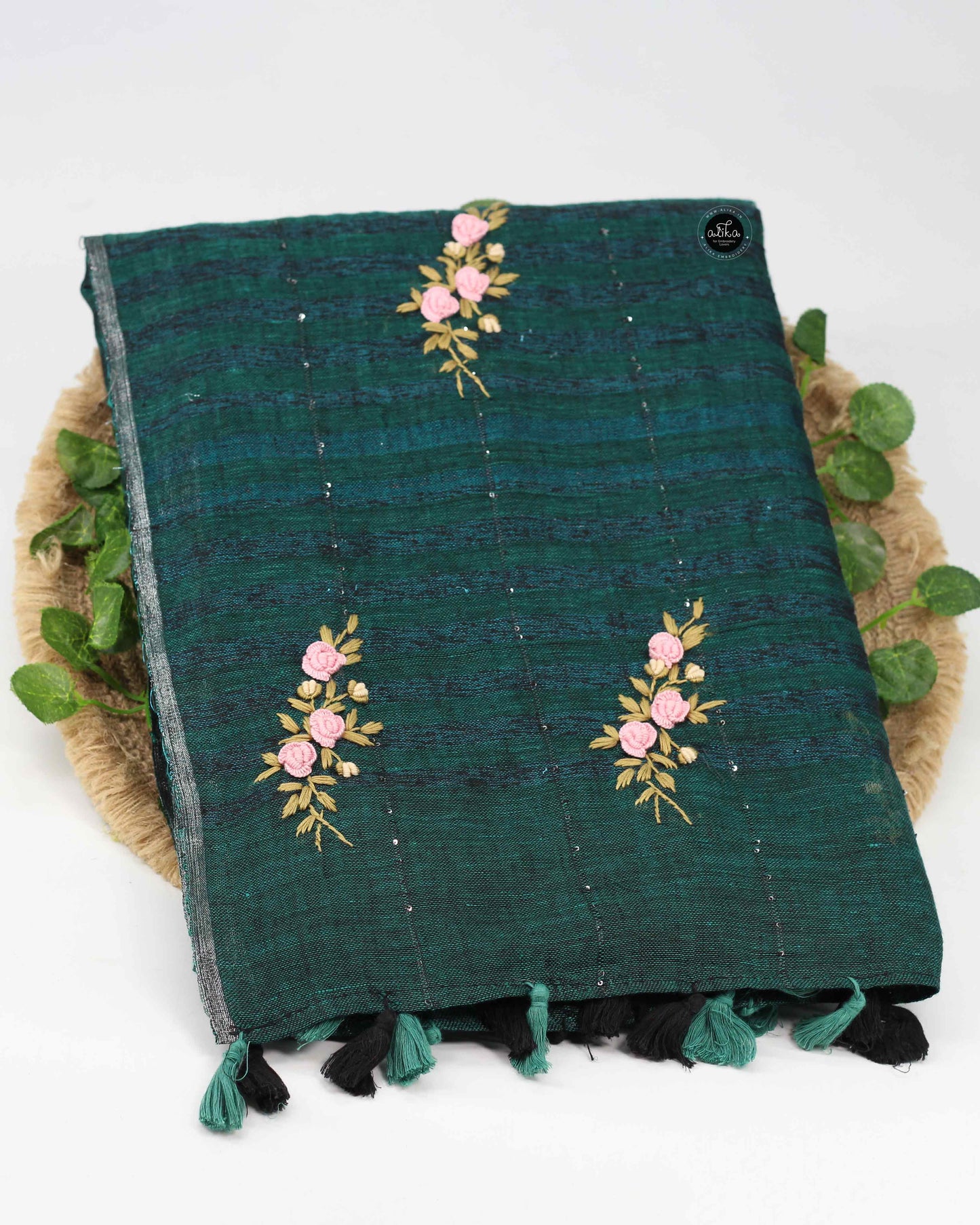 Dark Teal Green Checked Semi Linen Saree with Floral Hand Embroidery & Sequin Work