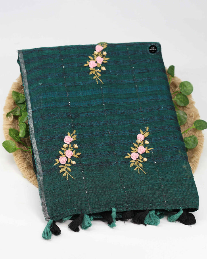 Dark Teal Green Checked Semi Linen Saree with Floral Hand Embroidery &amp; Sequin Work